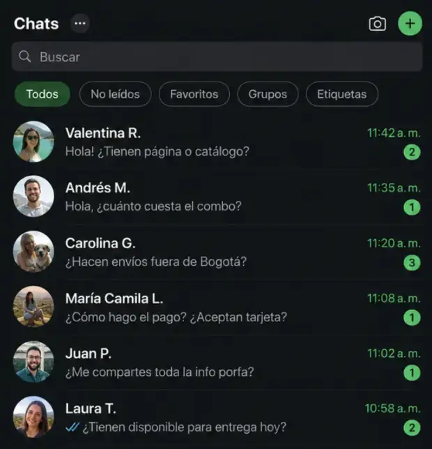 Lista de chats con preguntas repetidas de clientes en WhatsApp